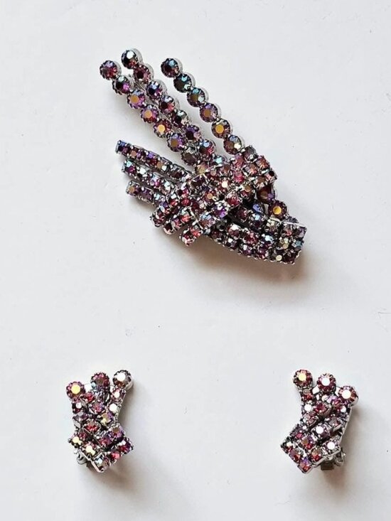 Continental Jewelry - Vintage Pink AB Crystal Brooch and Clip On Earrings by Continental Jewellery
